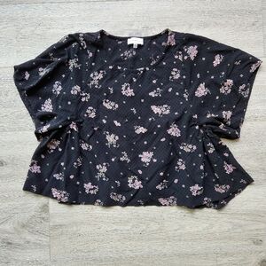 Lucky Brand Black Pink Floral Top Womens Xs Flowy Boho Short Sleeve